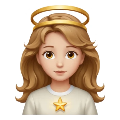 Angel girl with light brown wavy hair and hazel eyes and a halo sticker
