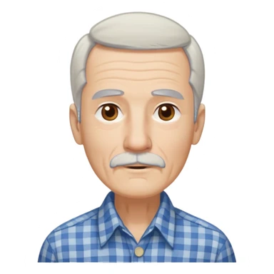 Thin elderly man with light skin. Elongated face with kind expression. Light brown eyes. Thin eyebrows. White goatee and white mustache. Fine straight gray-white hair combed back with some bangs falling on forehead. Slim build. Wearing a blue and beige checkered button-up shirt. sticker