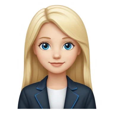 A white girl with long straight blonde hair, blue eyes and a white dress with a smiling black jacket sticker