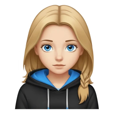 girl with blue eyes, shoulder-length brown hair with blonde highlights, wearing a black hoodie sticker