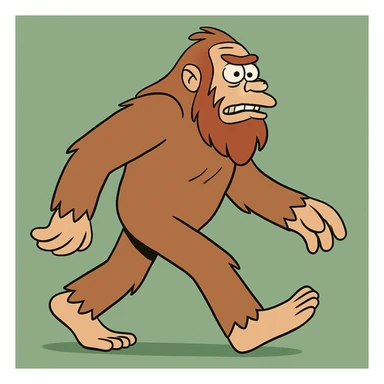 sasquatch striding in profile, cartoon style, exaggerated features, green background sticker