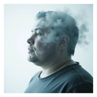 Double exposure image: half face of obese person, half a cloud or fog symbolizing mental slowdown, hyperrealistic 4K details. sticker