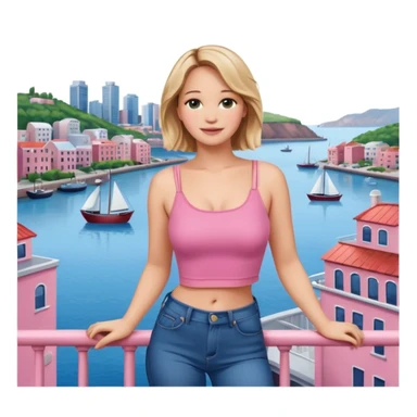 jennifer lawrence, pink crop top, and blue jeans, leaning on a balcony with a harbor and cityscape in the background, smiling sticker