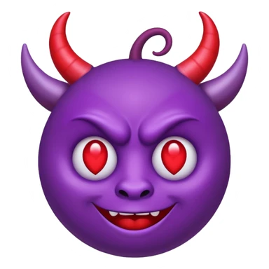 Purple demon emoji with red hearts for eyes, apple emoji, circular head with horns sticker