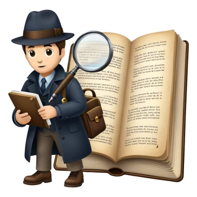 Icon for Detective Reading: an open book with text and a magnifying glass, a detective’s hat and a notebook with clues, surrounded by dark shadows and mysterious elements like footprints. Transparent background. sticker