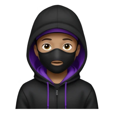 Cartoon blacked character related to a shadow, with all black clothes, focusing a hoodie with his cap on and a black facemask, no visible face because of the darkness, just his purple shadow eyes making a light bloom sticker