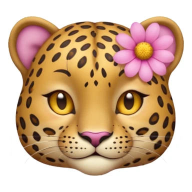 A cutE leopard face with eyes closed and a peaceful smile. A pink flower with a yellow center is tucked behind its right ear, adding a charming and gentle touch.  sticker