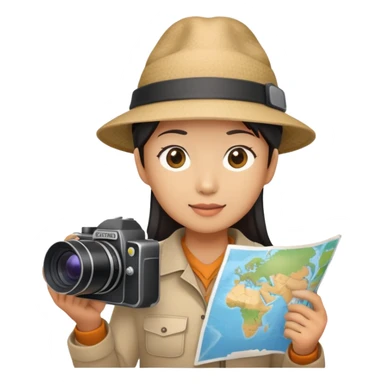 Asian tourist with camera and map, wearing hat sticker