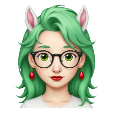 white unicorn with green hair and big red earrings looking into camera and spectacle sticker
