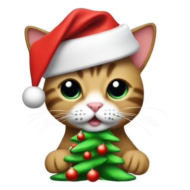 Cat wearing Santa hat holding a Christmas tree sticker