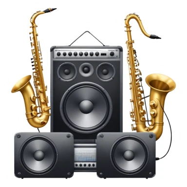 Icon for R&B Music Listening: large concert speakers and headphones with waves of musical notes coming out, along with drums, bass guitar and saxophone. The icon should convey the energetic and rhythmic vibe of R&B music. Transparent background sticker