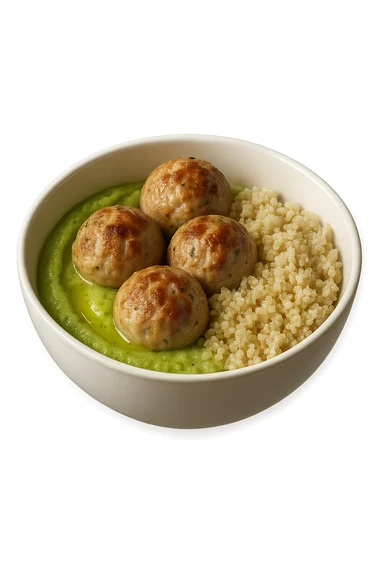 bowl bianca fluttua in aria con polpette di tacchino, purè di zucchine, quinoa e olio di oliva, iperrealistico 4k sticker
