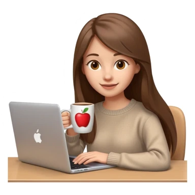 young woman, 20 years old, long straight brown hair, wearing a sweater, coffee mug beside laptop, cheerful, 3D Apple emoji style sticker