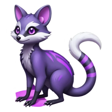 Obsidian-onyx-black and glowing neon-purple, shiny blind eyes, magical fantasy-Genet-Sentret-Marsupial-Possum-Vernid-Sergal-Fakémon-hybrid, by LiLaiRa-griffsnuff, full body sticker