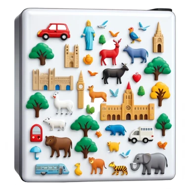 Icon for Magnet Collecting: a close-up of a fridge door covered with a variety of magnets, featuring cities, animals, symbols. The icon should highlight the diversity and charm of magnet collections. Transparent background. sticker