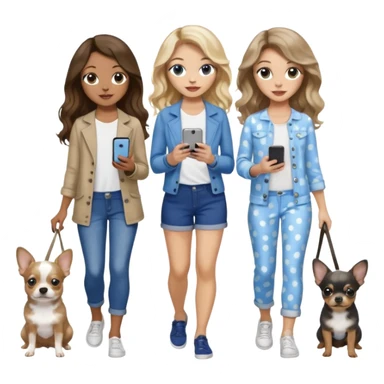 Three pretty women in cute summer clothes holding iPhone, hazel eyed light skin with dark blonde long hair and light skin hazel eyed long wavy dark hair, blue eyed light skin long blonde hair walking 2 dogs,blue and gray spotted Merle Frenchie, black and tan chihuahua  sticker