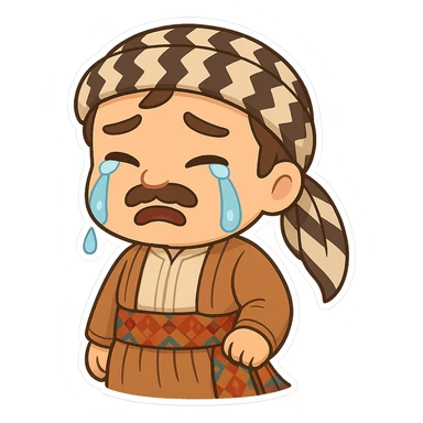 Create a chibi Kurdish cartoon sticker based on the reference image, showing a crying (sad) expression, with a transparent background. sticker