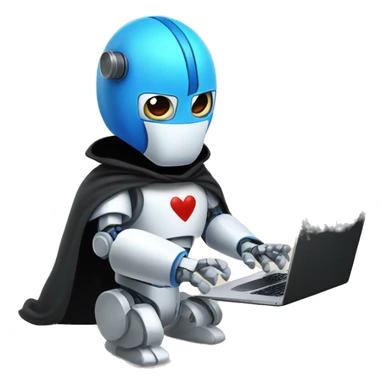 Blue paws, white body, red ears, a robot with a mask over his blue eyes, in a black cloak, holding a laptop and writing something on it sticker
