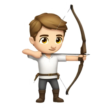 a male archer aiming with a bow facing  his target, eyes closed, wearing a white shirt, very short brown hair, bright skin sticker