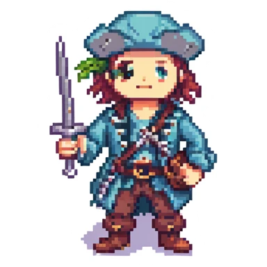 A pirate with an iron in hand, pixel art style, retro gaming aesthetic, limited color palette. sticker