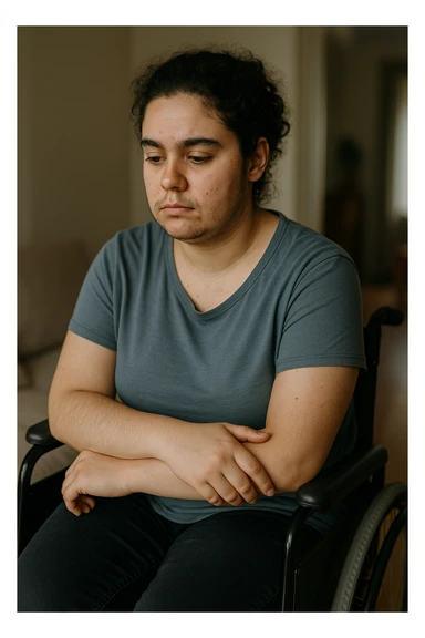 Donna con problemi difficoltà  nella mobilità che si isola a causa della sua PCOS, immagine realistica sticker