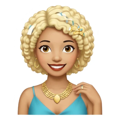 Black woman with short black afro hair, blonde hair clip, thin necklace, about 30 years old, big smile, event manager vibe sticker