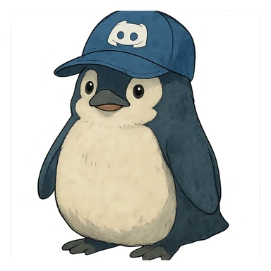 ghibli style penguin with a Discord hat sticker