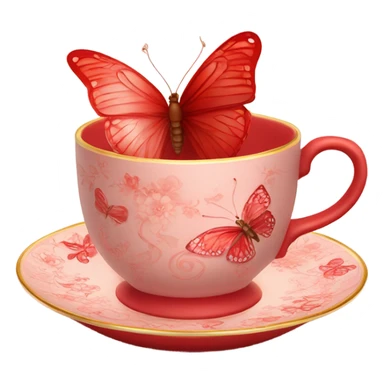 A delicate red butterfly with pastel red wings, resting on the edge of a light red porcelain teacup adorned with intricate floral patterns. sticker