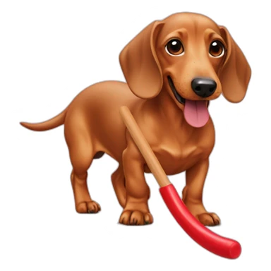 A fawn colored dachshund playing with a red rubber stick sticker