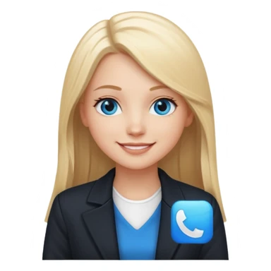 A white girl with long straight blonde hair, blue eyes and a white dress with a smiling black jacket sticker