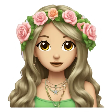 hime gyaru girl, hippie, long brunette hair with roses in hair, crystal jewelry, green top, peace sign hand logo sticker