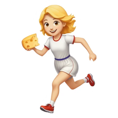 Girl running with cheese sticker