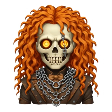 steam-punk Megadeth - iconic corpse made of rusty metal with chains on its teeth, huge curly orange hair sticker