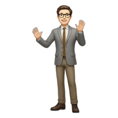 Full height Actively gesturing with hands Pale skinned fit man with dark brown hair in gray jacket, beige office shirt, brown tie, brown pants and vintage glasses. sticker