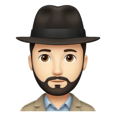 A light-skinned man with short dark hair, thin straight beard, and a black fedora, with an oval face and calm look. sticker