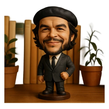 statuette of Che Guevara in a suit and tie, big head, confident smile sticker