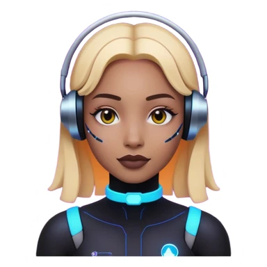 Generate an emoji of "LAINEY," an advanced AI assistant. The background should be dark as deep space and there should be a flat neon grid over the space with Laney's head and face piercing through the grid. Half of her face is human. The other half is digital blending in with the grid. sticker