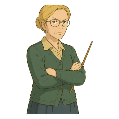 strict and fair senior category math teacher, blonde woman with glasses, ghibli style sticker