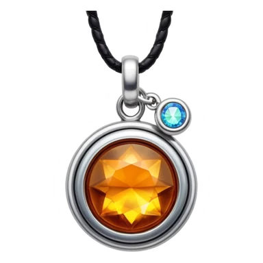 extreme close up of a round cut holographic amber charm with silver metal accent and leather cord sticker