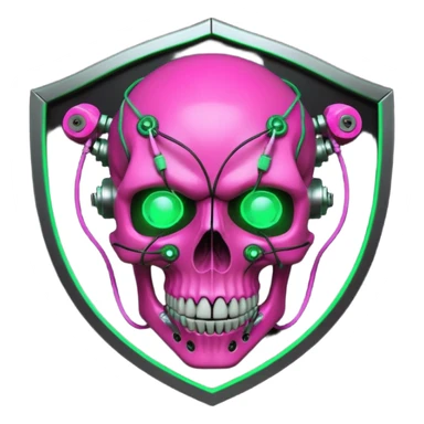 Cyberpunk shield, skull with cybernetic implants, glowing wires, dark electric pink and grenn, black tones, no background sticker