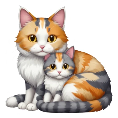 full body colourful light patched calico + white tabby cat cuddling a grey and white cat  sticker