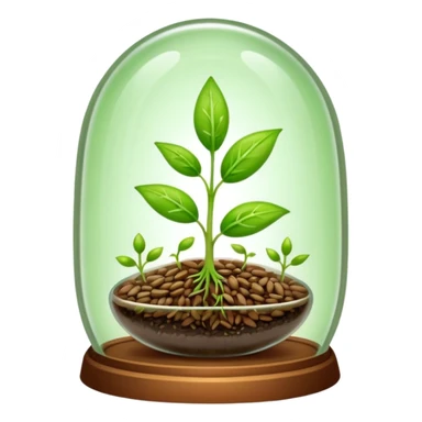a pile of seeds at the right side and a germinating seed under a glass dome at the right side . Transparent background sticker