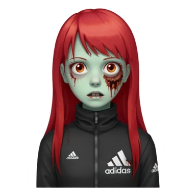 Crie um emoji de uma menina zumbi  com o cabelo vermelho longo com uma franja reta casaco de gola alta da adidas sticker