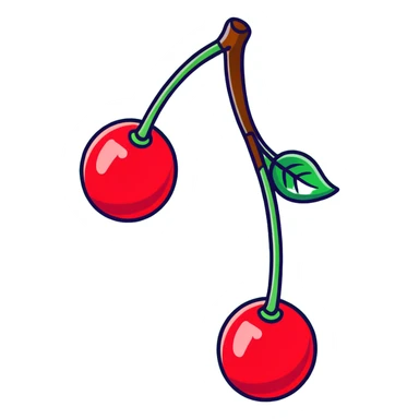 Two bright red cherries connected by a green stem sticker