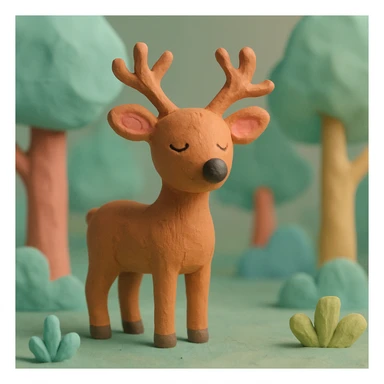 deer standing in a forest, pastel colors, visible fingerprints, playful and textured, claymation style sticker