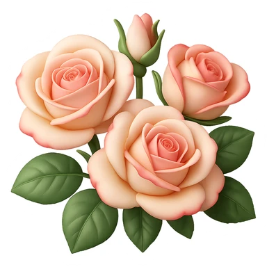Create a square 3D illustration of a bouquet of three white-pink roses with buds and leaves in the style of iOS Apple emoji, featuring voluminous petals, on a transparent background. The style should mimic the detailed, colorful, and slightly glossy look of Apple emojis with a 3D effect. sticker