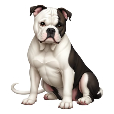 cinematic-[american bulldog]-realistic-full-body-sitting-emoji,-tail-resting-loosely-beside-its-paws,-head-tilted-dramatically,-sleek-[pied black]-fur,-simplified-yet-realistic-focused-features,-highly-detailed,-glowing-with-an-almost-sarcastic-glow sticker