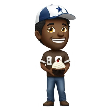 white guy with dark hair wearing a cowboys football hat while holding a cupcake with a grimacing grin on his face sticker