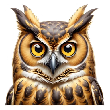 Cinematic Comical Great Horned Owl Portrait Emoji, Head tilted dramatically with an exaggeratedly amused expression, featuring a strikingly patterned mottled plumage with bold contrasts, wide, expressive golden eyes filled with playful disbelief, Simplified yet hilariously expressive features, highly detailed, glowing with a slightly sassy glow, high shine, dramatic yet playful, stylized with an air of cheeky nocturnal mischief, bright and endearing, soft glowing outline, capturing the essence of a spirited and over-the-top owl, so meme-worthy it feels like it could hoot its way into internet fame instantly! sticker