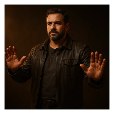 hyper realistic 4K cinematic image of a man with a powerful and protective presence, standing tall with a confident and calm look, warm dramatic lighting, open arms or shielding gesture sticker